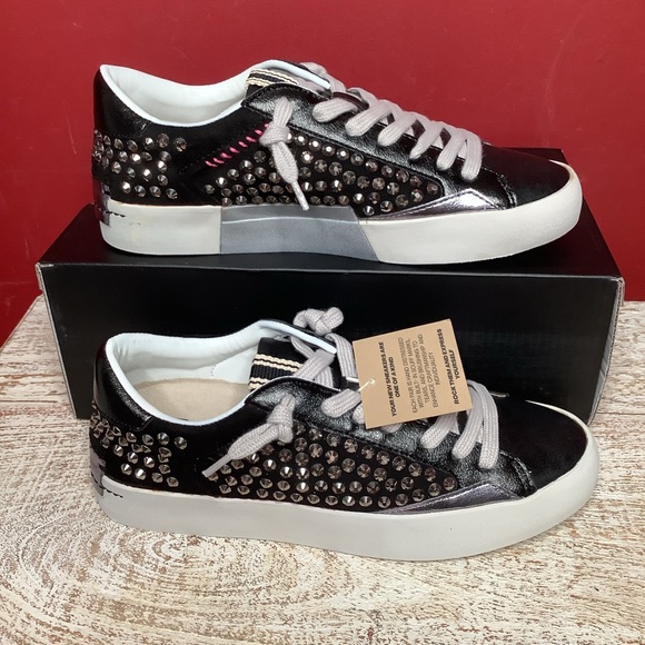 SHU SHOP NWT Sz 8 Ruby Studded Black Tie Sneakers Round Toes White Rubber Soles - Picture 6 of 13